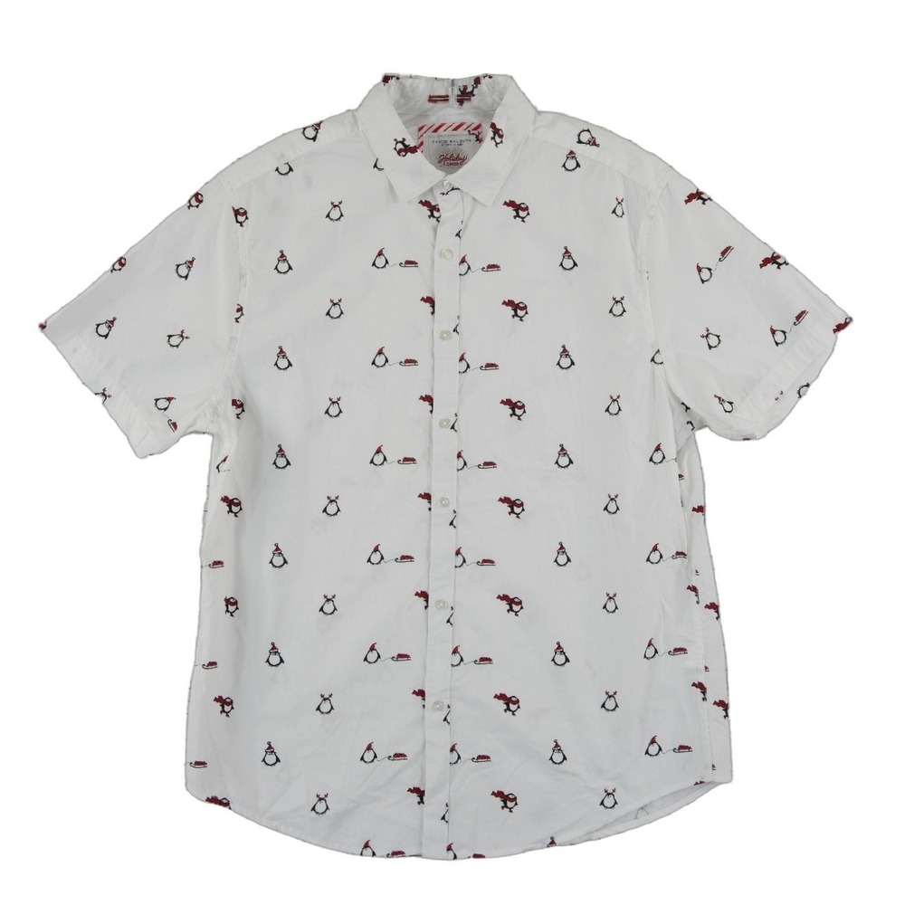 Denim & Flower Holiday Penguins Button Shirt Men's Size Large White Christmas
